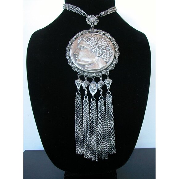 Goldette  Medallion Necklace With Greek Coin Design & Chain Tassels - Picture 7 of 7